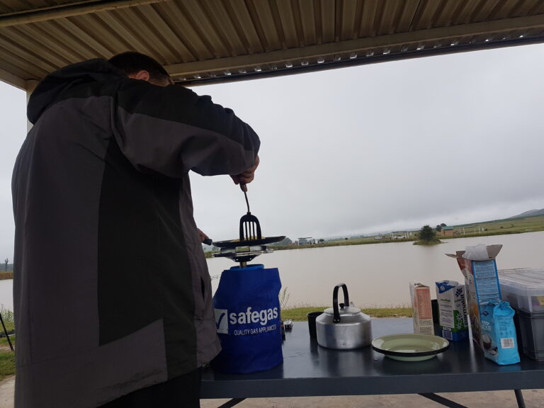 Breakfast on a rainy day under shelter at Zelpy Fishing and Game Reserve